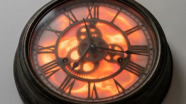Spiral of ancient clocks in fiery time vortex concept. Close up of antique clock face with glowing gears and Roman numerals vintage timepiece concept