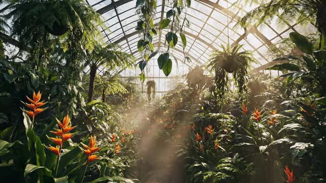 Lush tropical greenhouse filled with vibrant plants, sunlight streaming through glass roof, creating a serene atmosphere with colorful flowers and dense foliage