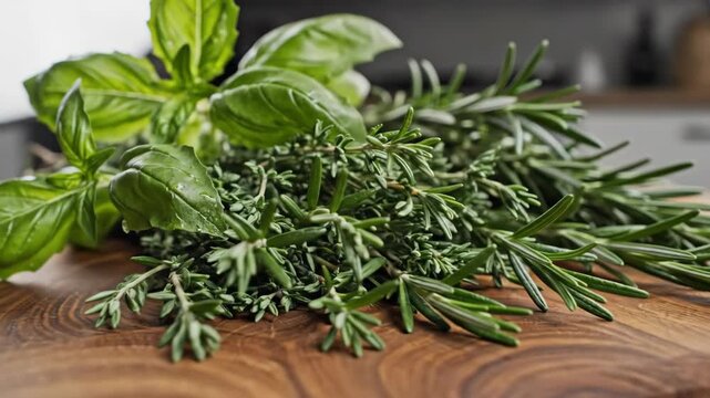 Fresh culinary herbs including basil, rosemary, and thyme on wooden cutting board