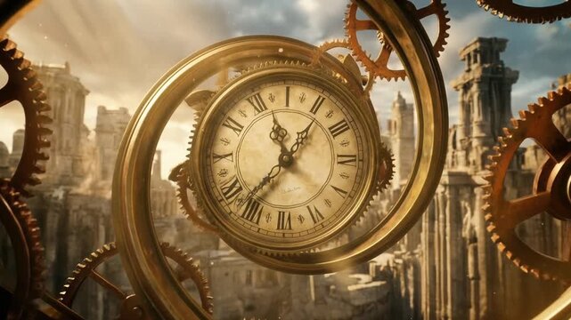 Spiral of ancient clocks in fiery time vortex concept. Antique clock with Roman numerals surrounded by golden gears in an ancient ruin setting at sunset