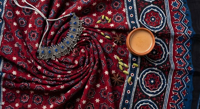 Sindhi Ajrak Print Flatlay with Silver Necklace and Chai in Studio Light
