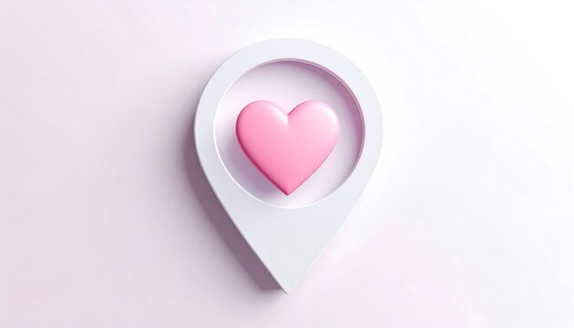 A 3D render of a pink heart inside a white location pin, set against a soft, pink gradient background