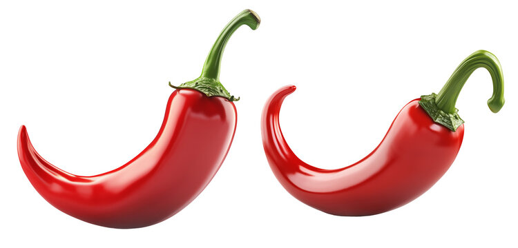 Glossy red chili pepper with a curved shape and green stem isolated on transparent background.