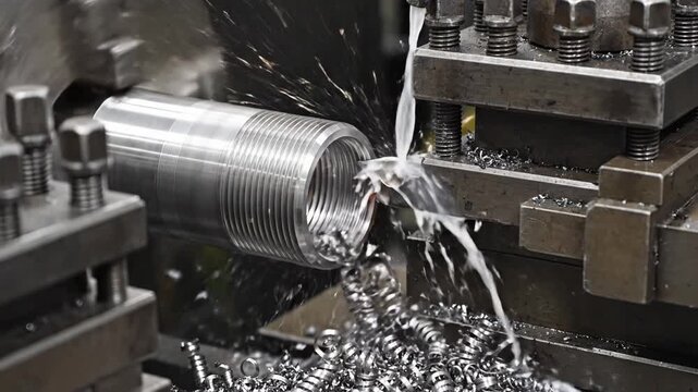 Metalworking process showing a cylindrical metal piece being machined with cutting fluid spraying from a lathe, surrounded by metal shavings in a workshop environment