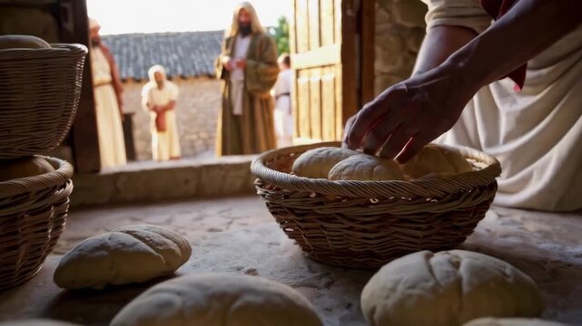 In a sunlit village bakery, bread is shared from hand to hand as a teaching reframes priorities for each new day. Warm, tactile scene filled with flour light and quiet generosity.