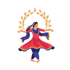 Fototapeta premium A cartoon woman in a colorful traditional outfit dancing with arms outstretched, surrounded by a wreath of wheat, against a clean white background with a vibrant and lively mood.