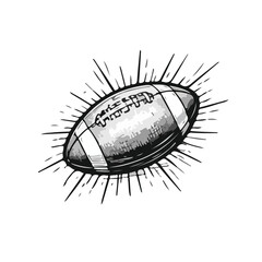 Vintage black and white engraved American football with speed lines and motion trails, dynamic spinning ball illustration, isolated retro clipart.