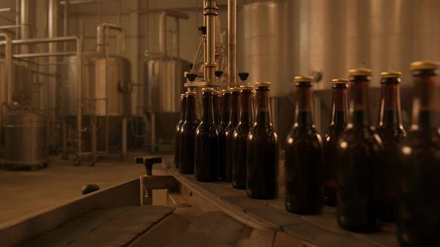 Bottles on conveyor belt being filled with liquid in a beverage production facility, stainless steel tanks and machinery visible in the background