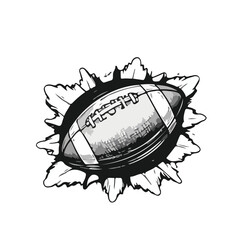 Vintage engraved black and white American football with dramatic sunburst rays exploding outward, dynamic sports emblem in retro line art, isolated clipart.