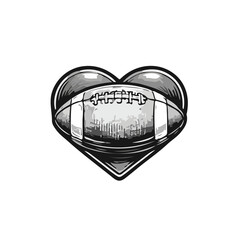 Hand-drawn vintage black and white illustration of an American football shaped as a heart with laces, romantic sports love symbol clipart, isolated retro style.