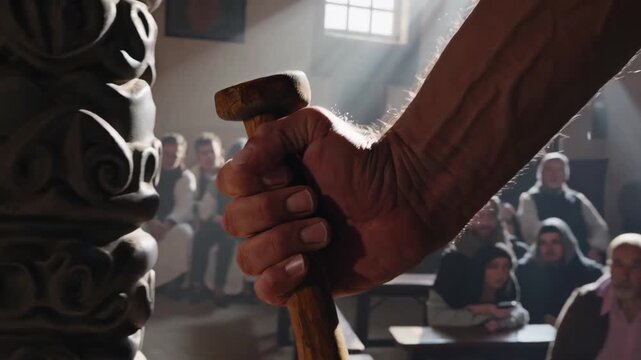 Inside a sunlit synagogue, a man extends a withered hand that relaxes and opens, then he tests it by gripping a tool. Quiet, respectful healing scene about restored dignity and work.