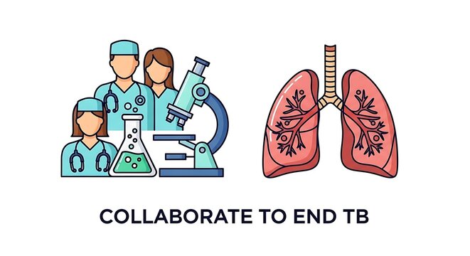 Medical professionals and researchers collaborate to end tuberculosis, symbolized by lungs and scientific equipment