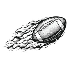 Vintage engraved black and white American football with dramatic sunburst rays exploding outward, dynamic sports emblem in retro line art, isolated clipart.