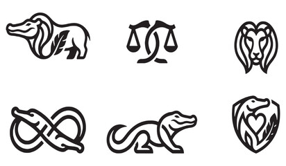 Collection of stylized line art icons representing zodiac signs and mythical creatures. © Riki