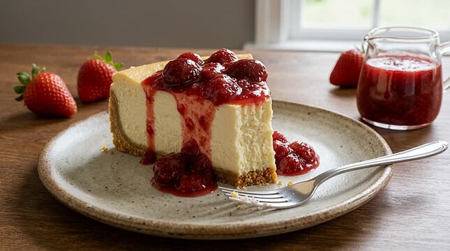Delicious strawberry cheesecake slice on plate with fresh berries and sauce, dessert photography, cake.