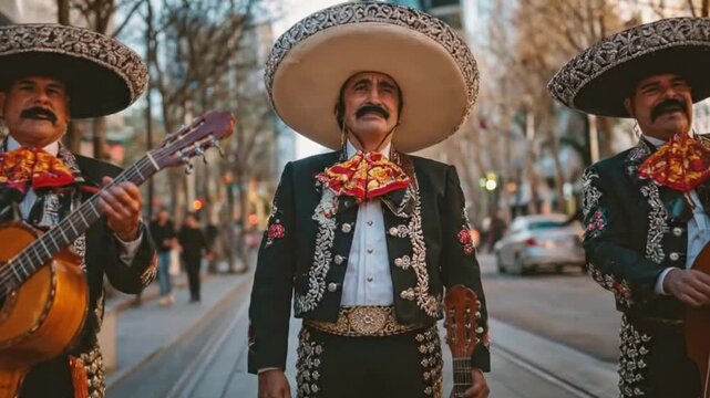 A vibrant group of three male musicians, adorned in elaborate traditional performance attire, poses outdoors in a bustling urban environment. Each individual is impeccably dressed in an intricately em