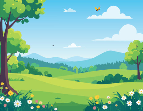Summer landscape with green hills, mountains and flower meadow under blue sky. Beautiful nature background with trees and clouds. Vector illustration for travel, eco and environment design. Vector.