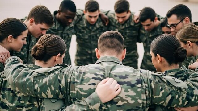 Diverse young male and female soldiers in camouflage uniforms standing in a support circle with heads bowed