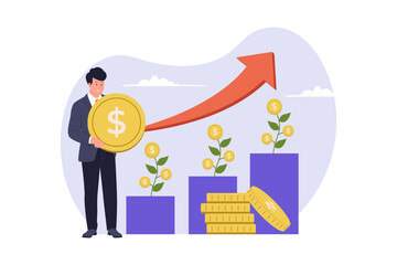 Compound Interest Concept with Growing Money Plants and Rising Arrow Illustration. Illustration showing the power of compound interest with coins growing into plants and a red arrow trending upwards