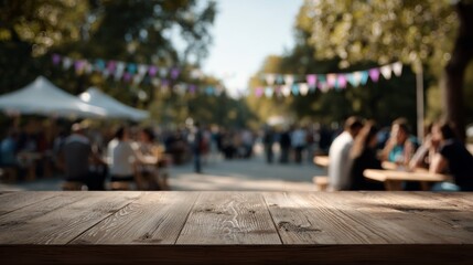 Wooden tabletop at outdoor event with people enjoying festival atmosphere