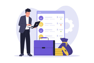 Financial Specialist Monitoring Stock Market Portfolio Management. A professional analyst standing with a digital tablet and briefcase, monitoring real-time stock market data and portfolio performance