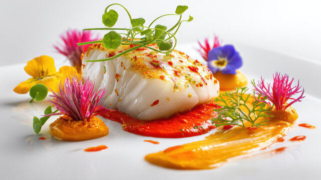 cod loin with chorizo oil and piquillo pepper sauce