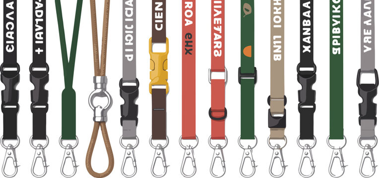 A flat design illustration of various lanyard styles arranged in a horizontal line against a white background.
