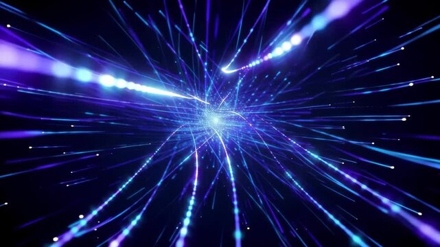 Fast moving particles form a vibrant blue light tunnel with glowing fiber optic trails streaming into a deep space abyss for digital speed.