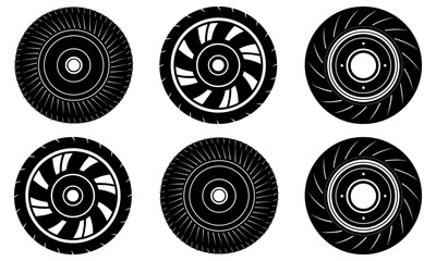Collection of various black and white tire designs on a clean background viewed from directly above