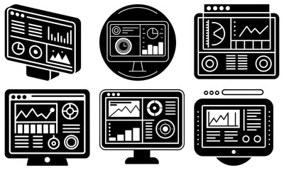 Various computer monitors displaying different types of charts and graphs in a clean and modern interface design