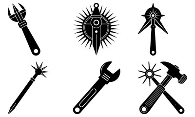 Collection of black hammer and wrench icons on white background, symbolizing industry and craftsmanship