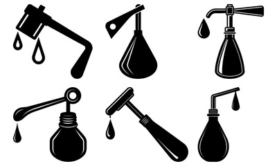 Collection of various oil cans and dispensers with dripping oil, illustrated in black and white, viewed from directly above