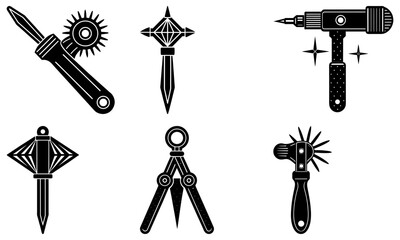 Collection of black and white illustrations showcasing various sharp tools and instruments
