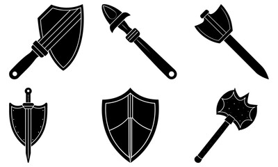 Collection of medieval shields and weapons on a white background, depicted in black illustrations