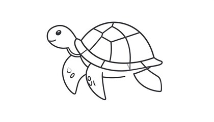 Line art illustration of a cartoon turtle, featuring a segmented shell, flipper-like limbs, and a smiling expression