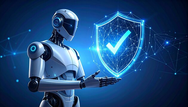 A futuristic image depicting a robot holding a digital shield with a check mark, symbolizing security