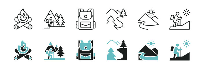 Mountain outdoor exploration icon line set. Nature hiking travel wilderness camping journey forest trail trip signs vector illustration © elmantastic
