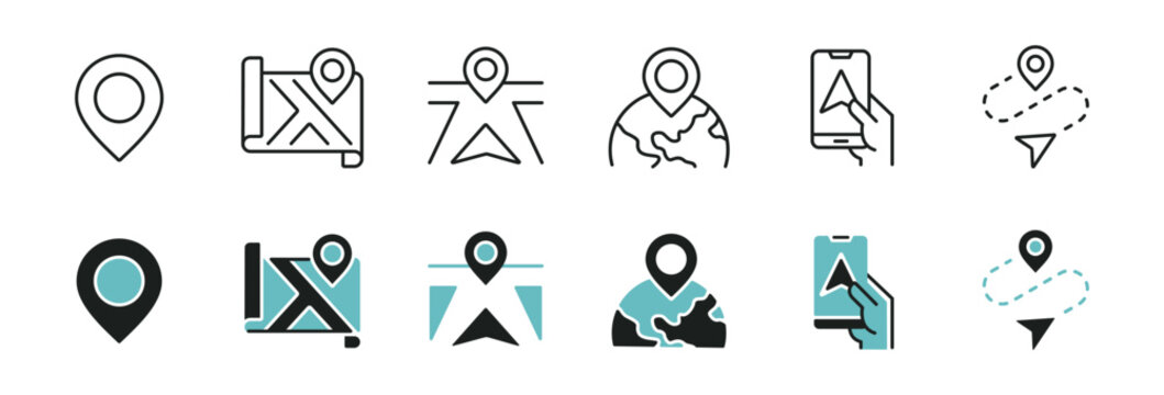 Global navigator map location icon line set. Pinpoint marker travel navigation route guide direction gps target position signs vector outline illustration