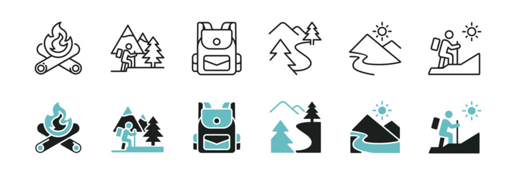 Mountain outdoor exploration icon line set. Nature hiking travel wilderness camping journey forest trail trip signs vector illustration