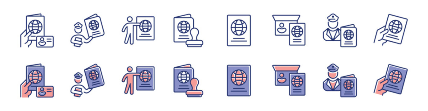 Passport document personal identification icon line set. Hand holding international passport immigration legal global flight, citizenship security pass stamp signs vector outline illustration