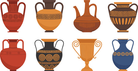 A flat, minimalist illustration of eight ancient Greek ceramic vessels arranged in two rows of four. © MD