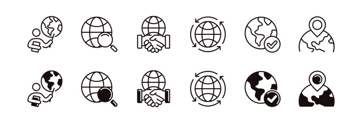 Earth globe icon line set. World map planet sphere location, worldwide international business network connection, travel, geography, direction, country border signs vector illustration
