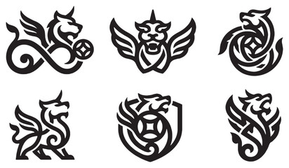 Set of six stylized mythological creatures, griffins and dragons, in black and white outline style, suitable for logos and emblems. © Riki