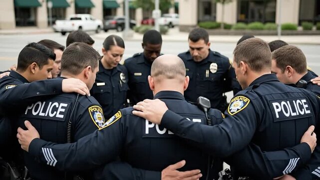 Diverse Police Officers in Prayer Circle, Law Enforcement Spiritual Support Group