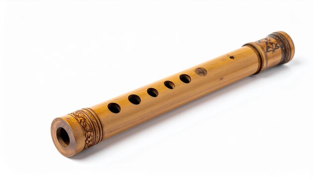 Traditional bamboo flute on white background showing craftsmanship and natural texture