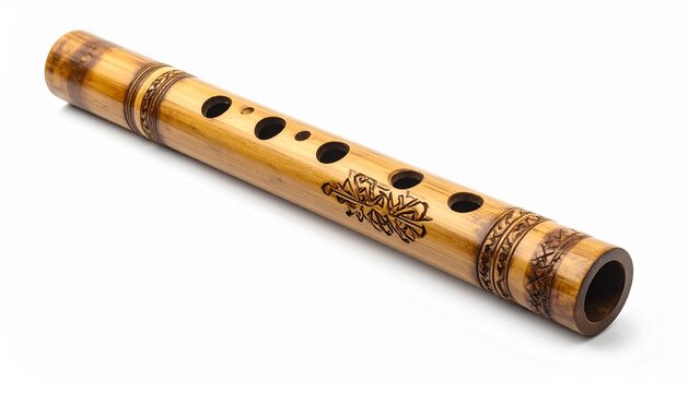 Traditional bamboo flute on white background showing craftsmanship and natural texture