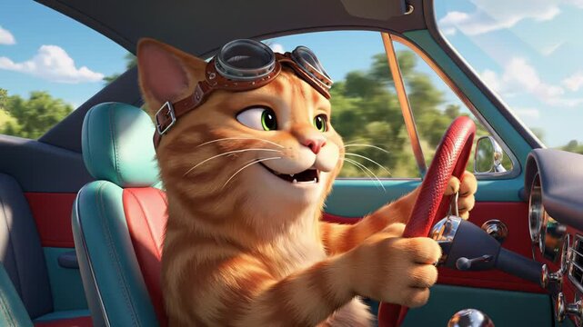 Animated orange tabby cat wearing goggles drives a classic car with a joyful expression, showcasing the excitement of a scenic drive through a vibrant landscape