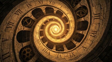 Fototapeta premium Spiral of ancient clocks in fiery time vortex concept. A mesmerizing spiral staircase adorned with clock faces.