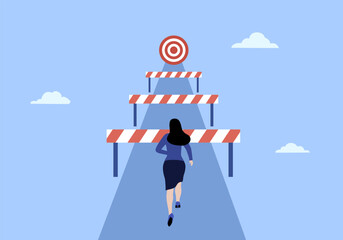 An illustration of businesswoman jump over hurdles to get red flag. Overcoming obstacles to reach goals. Business challenges concept.