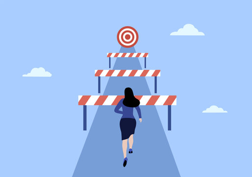 An illustration of businesswoman jump over hurdles to get red flag. Overcoming obstacles to reach goals. Business challenges concept.